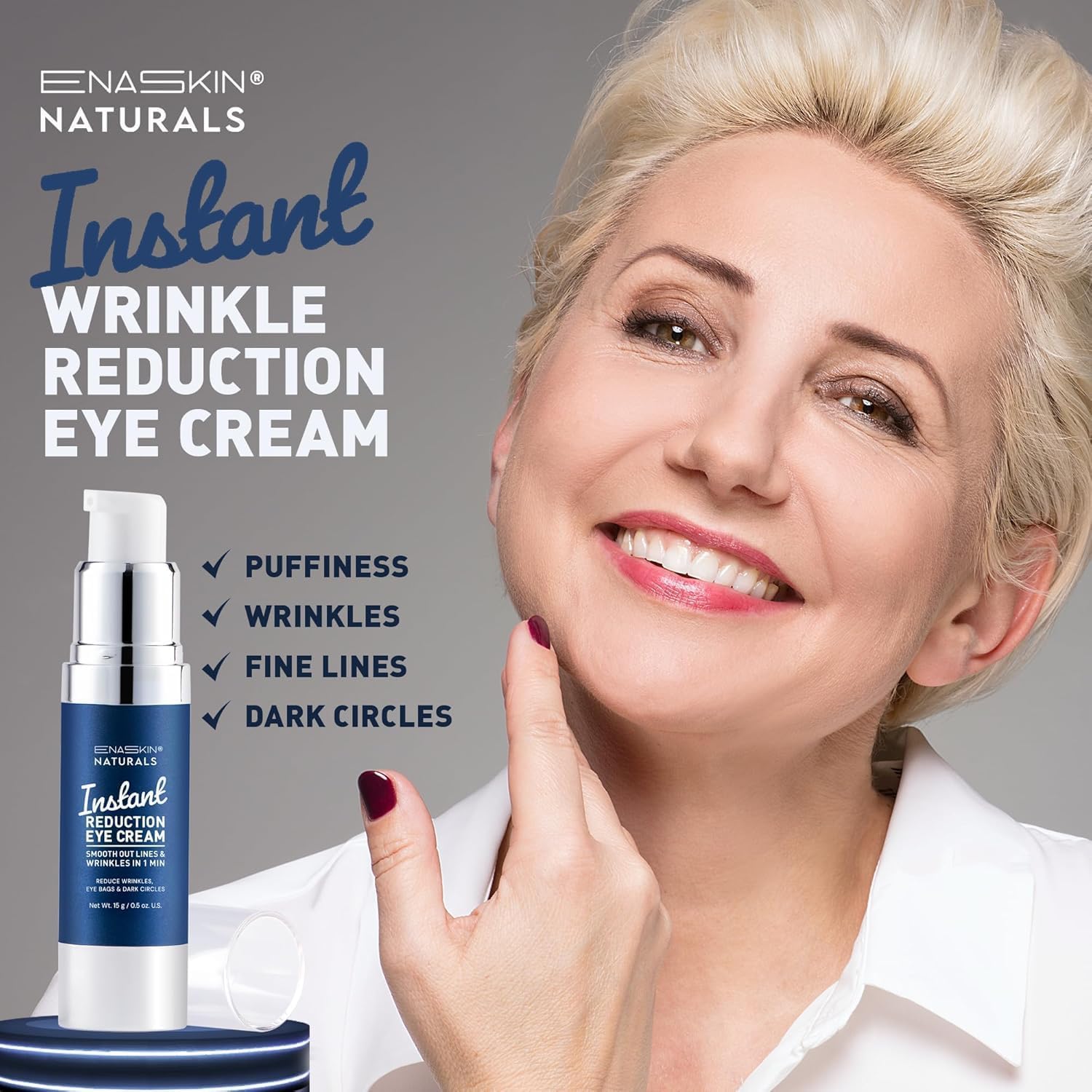Enaskin Naturals Instant Eye Cream & Face Lift - No White Residue Rapid Wrinkle Filler - Under Eye Bags & Puffiness Remover - Dark Circles Treatment - Temporary Firming Serum For Women & Men - 0.5 Oz