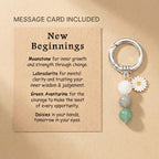 OXIHOUSE&CO- New Beginnings Daisy Keychain for Women, Natural Stone Bead Crystal Keychain, Silver Key Ring with Message Card, New Job Retirement Coworker Farewell Gift