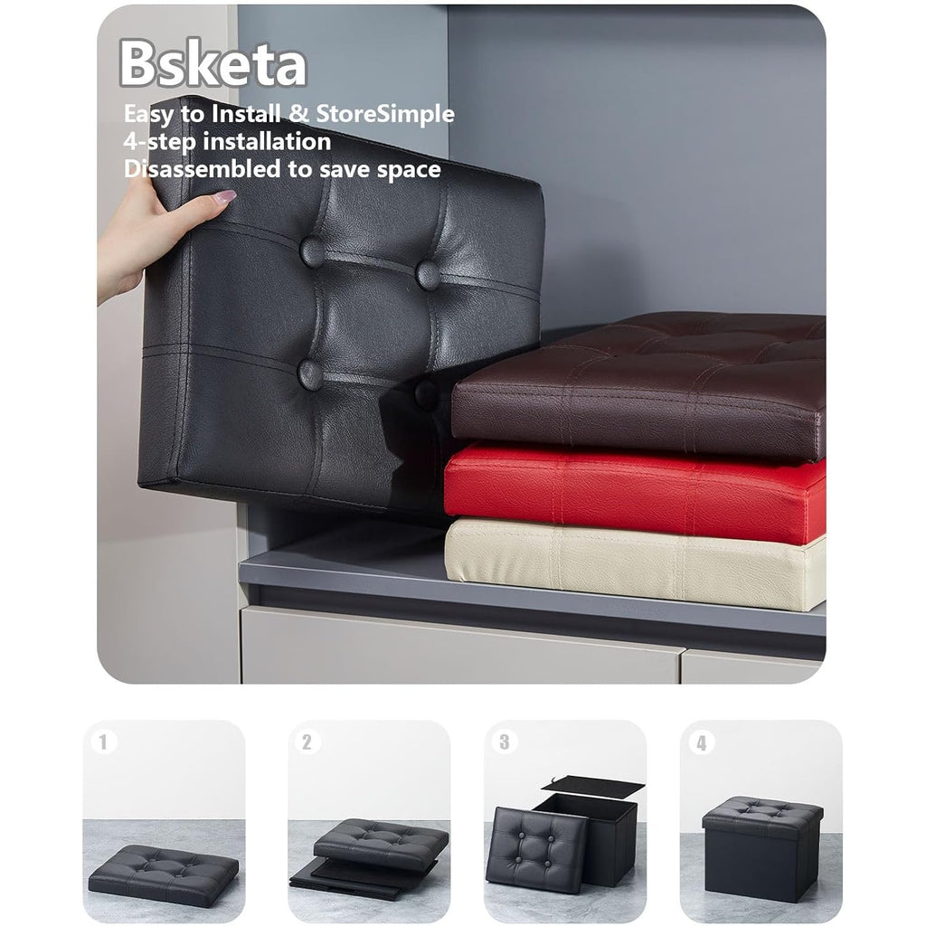 Bsketa Storage Ottoman, Folding Foot Stool With Thicker Foam Padded Seat Small Leather Storage Ottoman Bench Foot Rest For Living Room Foldable Coffee Table 17X13X13In,Black