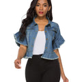 Suvimuga Women's Denim Jacket Button Down Distressed Ruffle Sleeve Crop Jean Jackets Coat