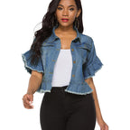 Suvimuga Women's Denim Jacket Button Down Distressed Ruffle Sleeve Crop Jean Jackets Coat