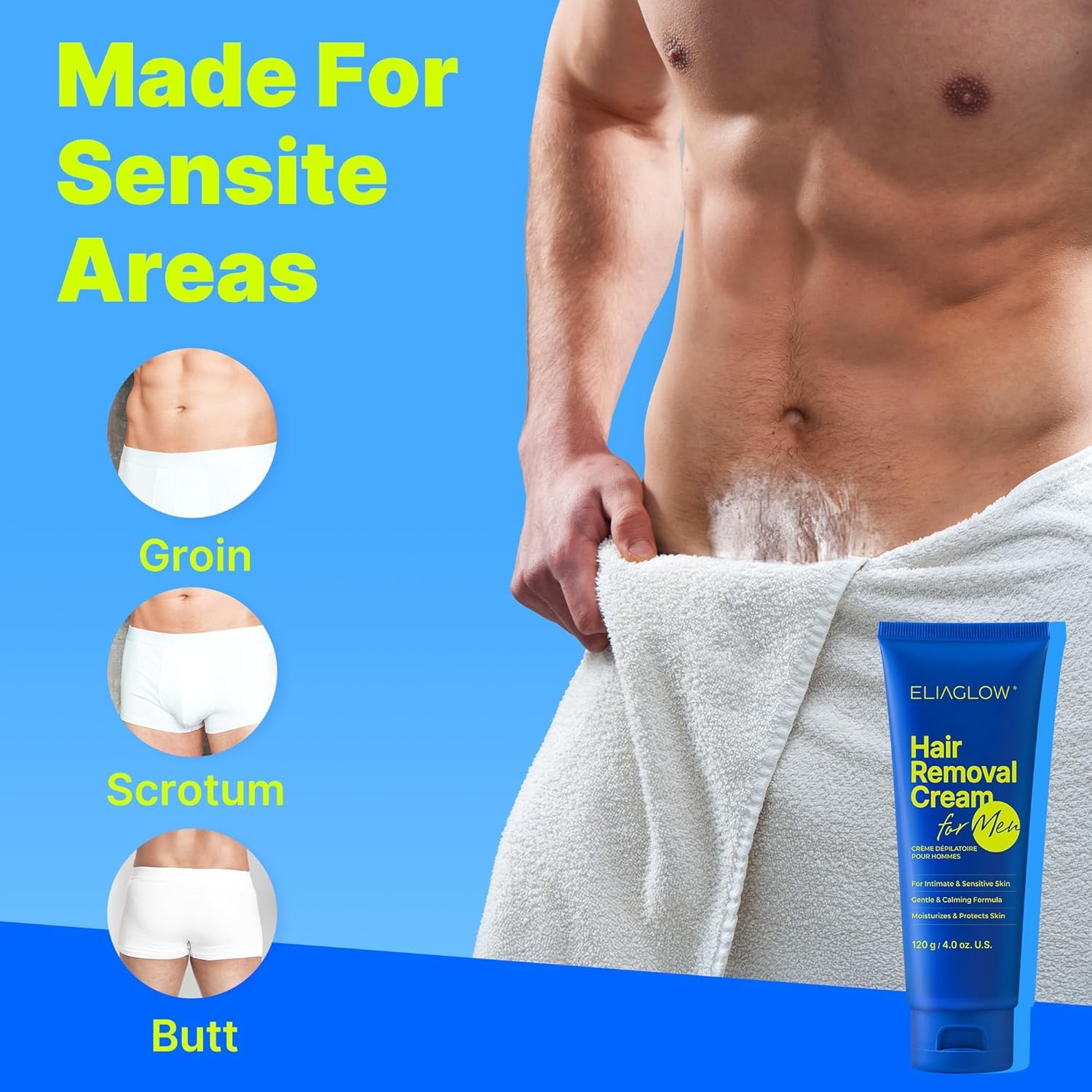 Hair Removal Cream for Men and Women: Sensitive Depilatory Cream for Intimate/Pubic Areas, Body, Legs, Chest, and Underarms, Easy & Painless, Gentle Formula for All Skin Type, 120ml
