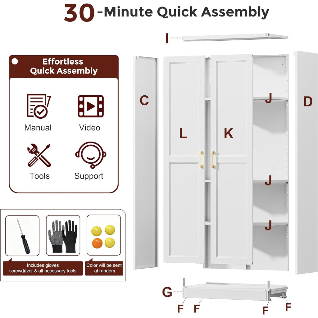 71" Tall Metal Pantry Cabinet, White Kitchen Pantry Storage Cabinet With 4 Adjustable Shelves And Gold Handles, Cupboard For Kitchen, Dining Room, Living Room, Bathroom