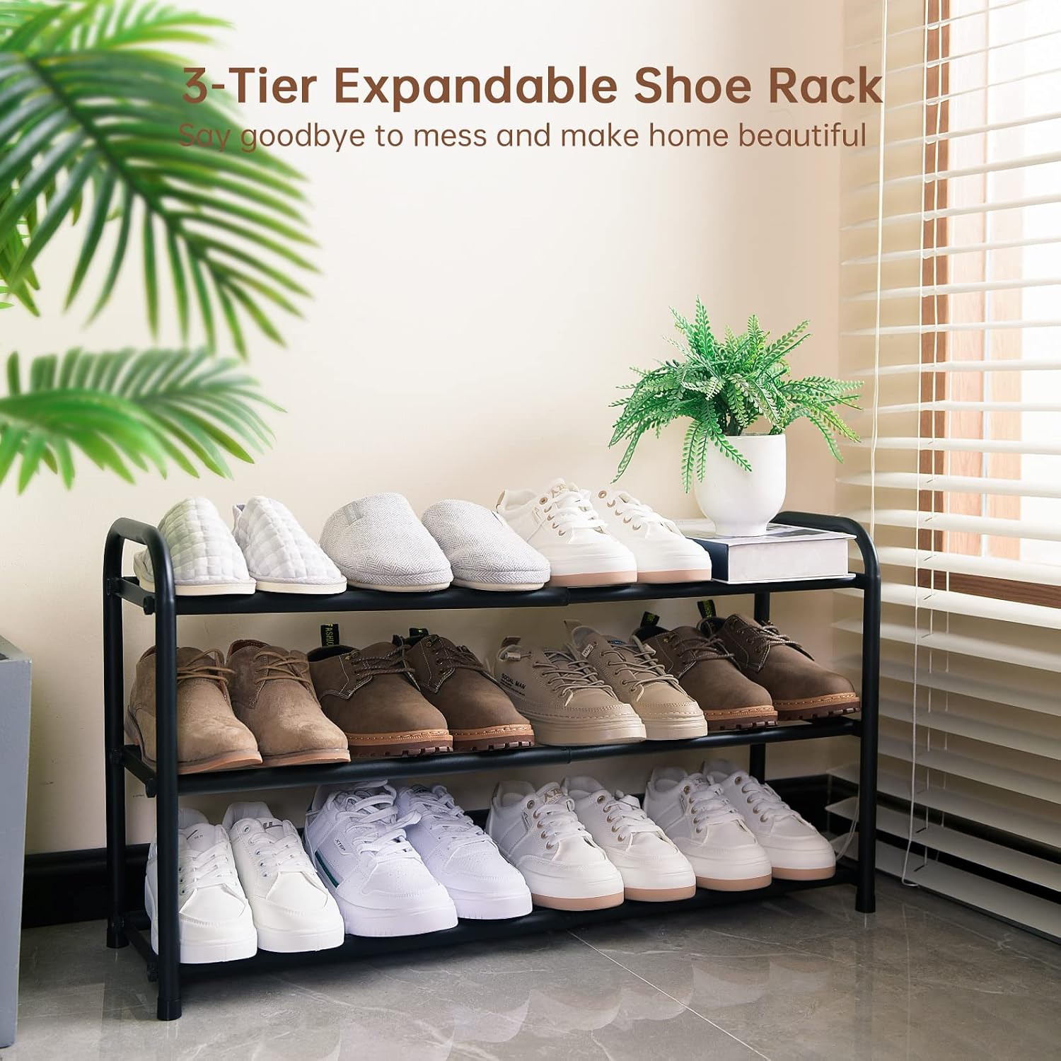 Gonfoam Expandable 3-Tier Shoe Rack For Closet And Entryway, Black | Tool-Free Assembly, Metal Material, Adjustable Shoe Organizer, Sturdy, Small Space Solution, Dorms, Garages, Apartments.