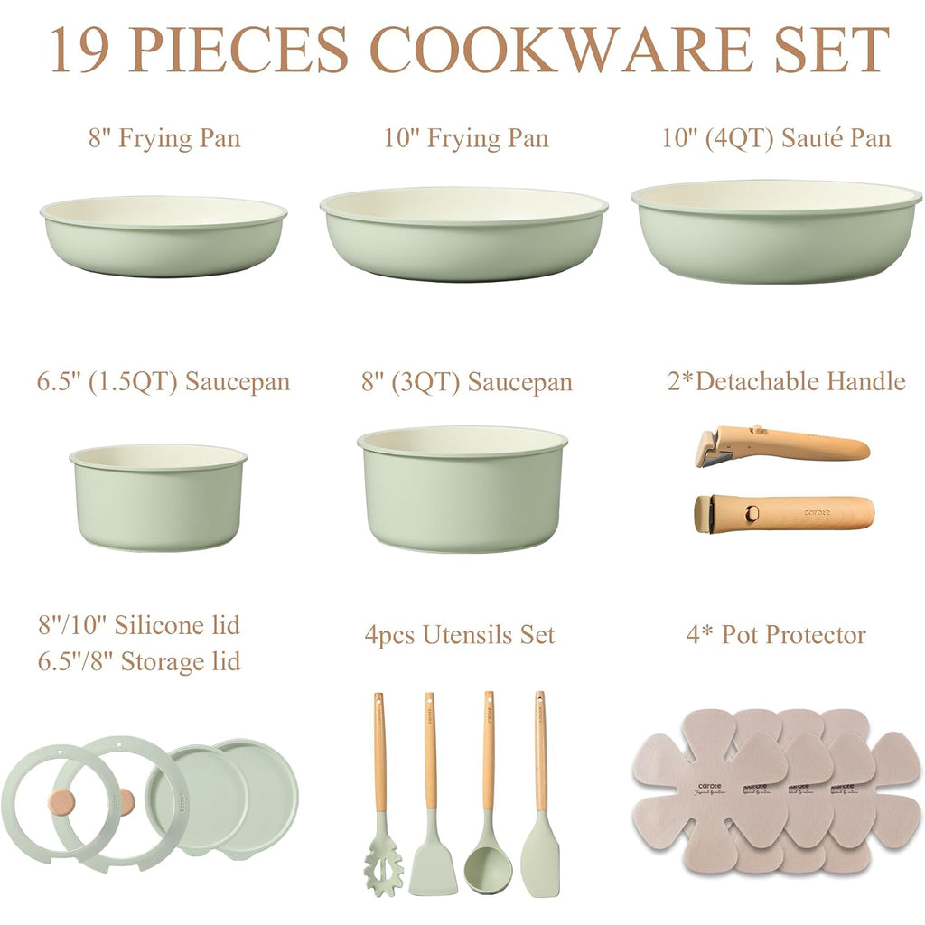 Carote Pots And Pans Set, Nonstick Cookware Set Detachable Handle, 19Pcs Induction Kitchen Cookware Sets Non Stick With Removable Handle, Rv Cookware Set, Oven Safe, Sage Green