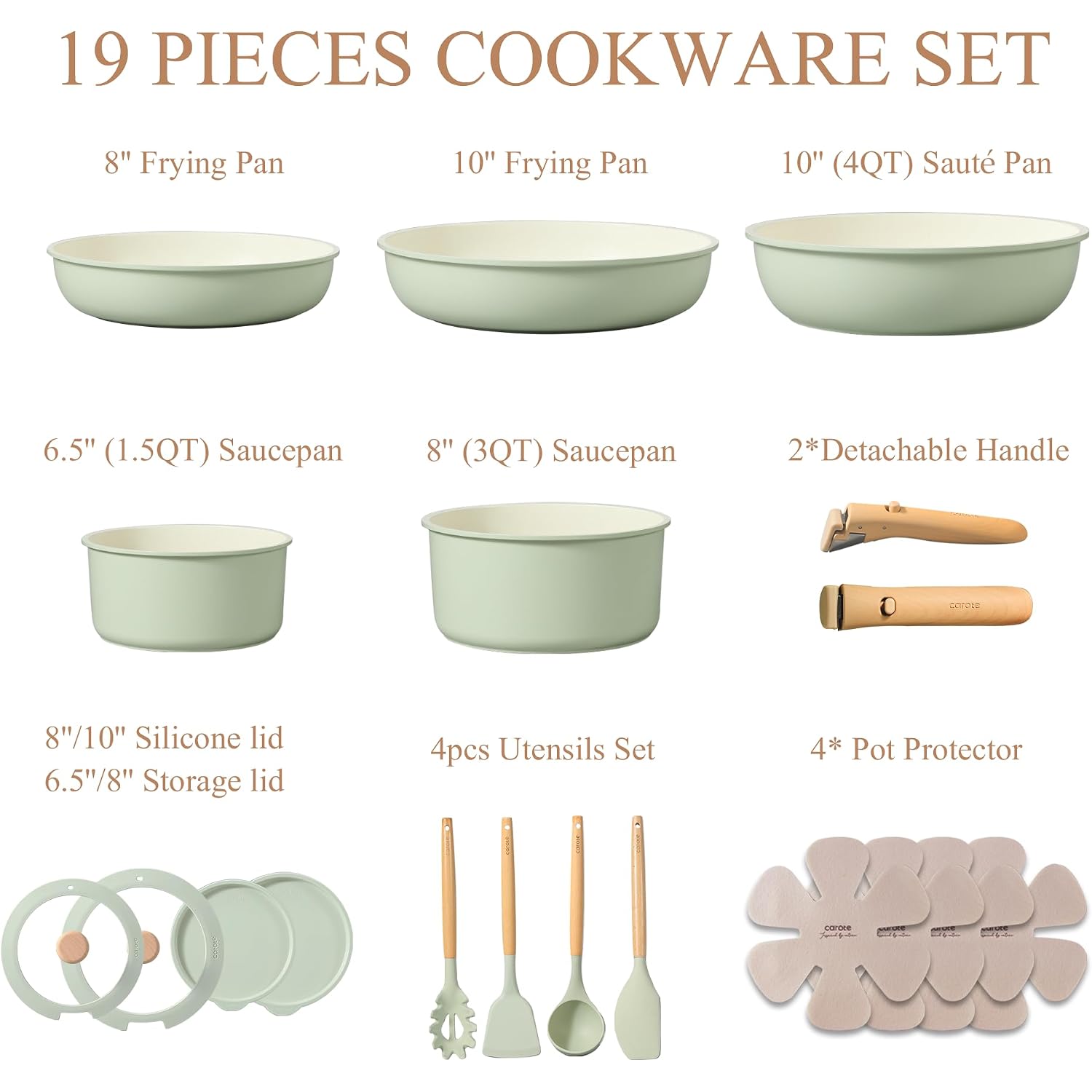 Carote Pots And Pans Set, Nonstick Cookware Set Detachable Handle, 19Pcs Induction Kitchen Cookware Sets Non Stick With Removable Handle, Rv Cookware Set, Oven Safe, Sage Green