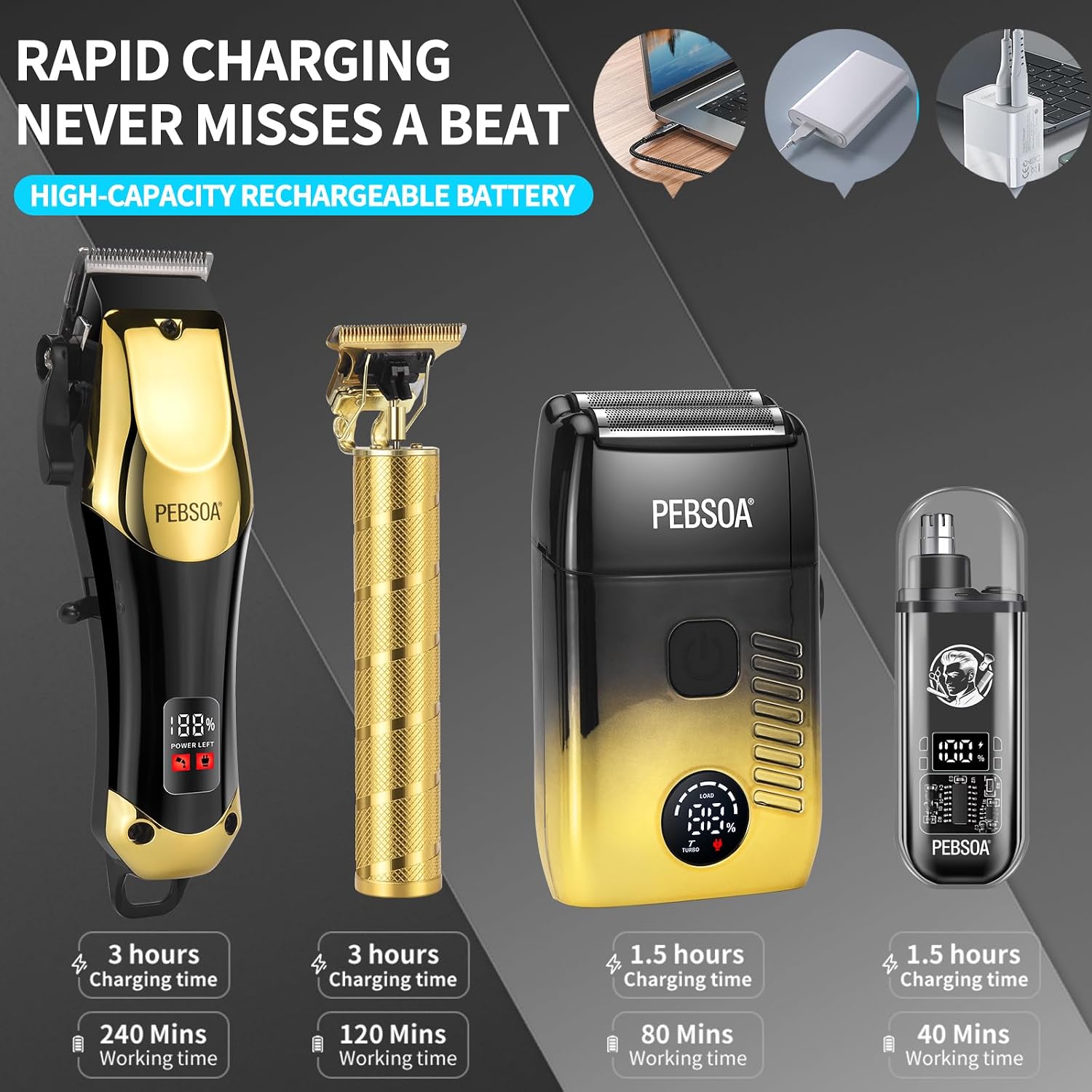 Hair Clippers For Man With An Led Display, A 4-Piece Cordless Grooming Set That Includes Hair Clippers, T-Shaped Trimmer,Double-Layer Foil Razor, And A Nose Hair Trimmer—A Complete Home Grooming Set