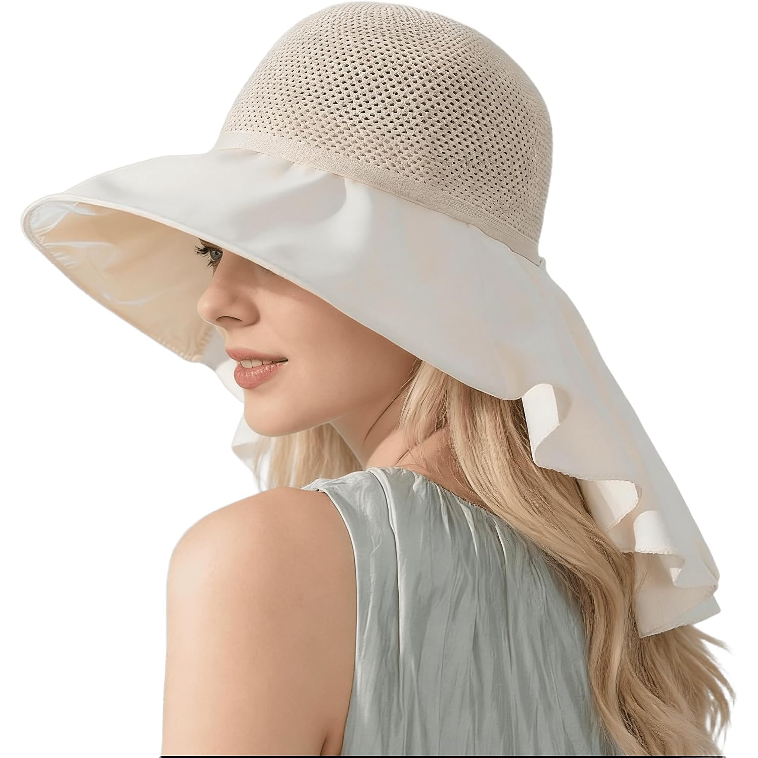 Sun Hats for Women Wide Brim Foldable Bucket Cap with Neck Flap Outdoor UV Protection Beach Hat for Summer Travel Beige