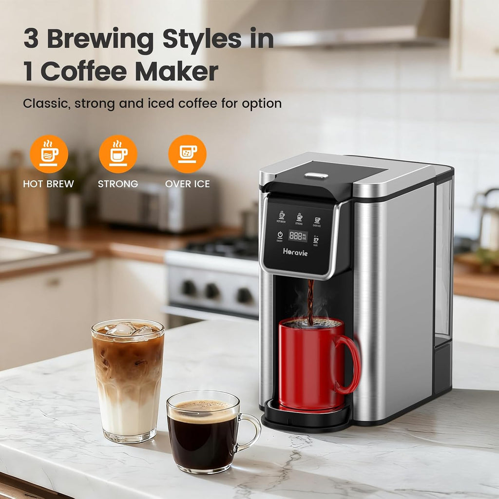 Horavie Single Serve Coffee Maker For K-Cup Pod And Grounds, Hot & Iced Coffee Maker, Strong Button Feature, 6 To 14Oz Brew Sizes, 50Oz Removable Reservoir, Fit 6.5" Mugs, Stainless Steel, Black