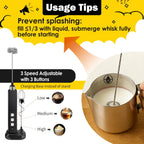Rechargeable Milk Frother Handheld with 3 Detachable Stainless Whisks, 3 Speed Adjustable Drink Mixer, Mini Frother Wand for Coffee, Matcha, Protein Shakes, with Charging Base and Whisk Storage