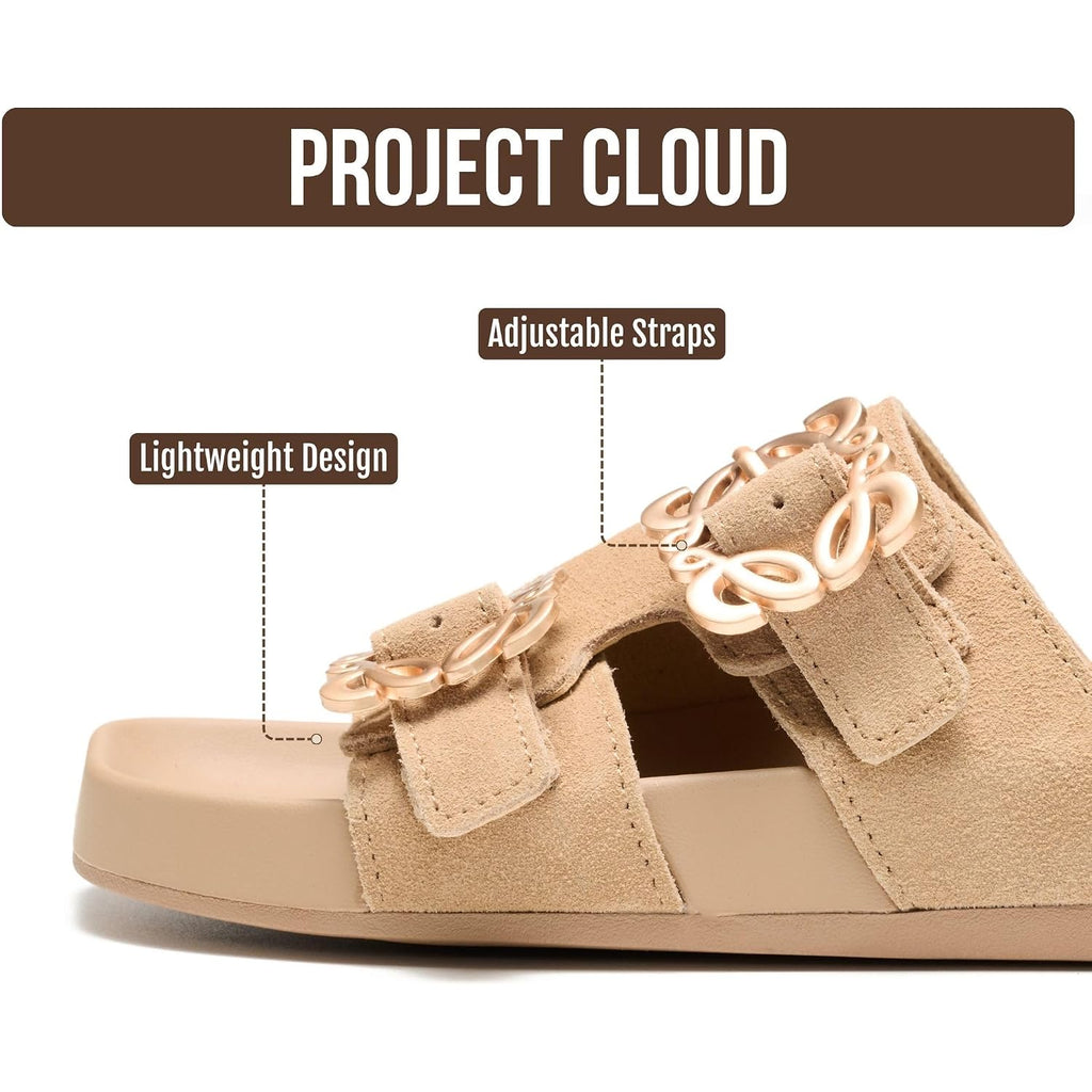 Project Cloud 100% Genuine Leather Womens Sandals Dressy - Lightweight & Non-Slip Women'S Flats Sandals Women With Plush & Soft Insole Slides Sandals For Women 2026 (Velora)