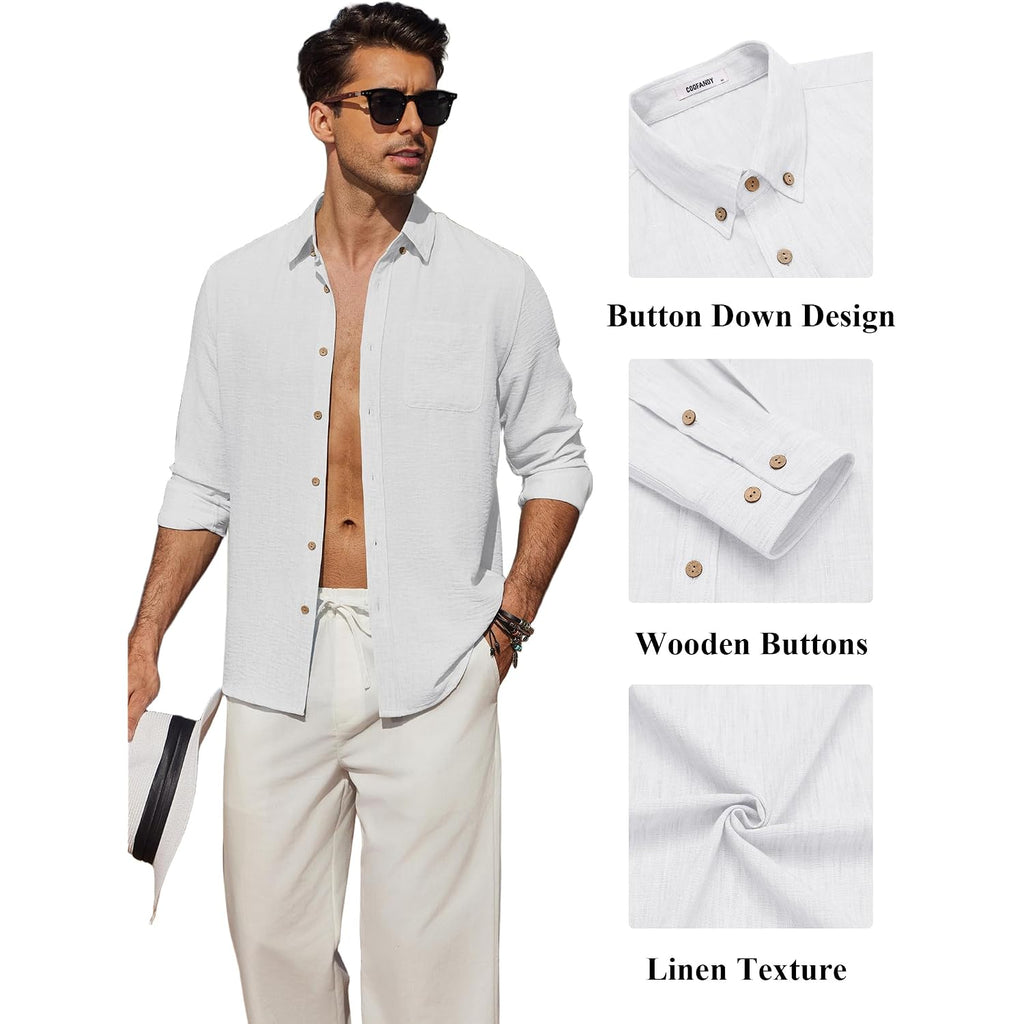 Coofandy Men'S Long Sleeve Button Down Shirt Casual Untucked Shirts Summer Beach Wedding Linen Textured Shirts