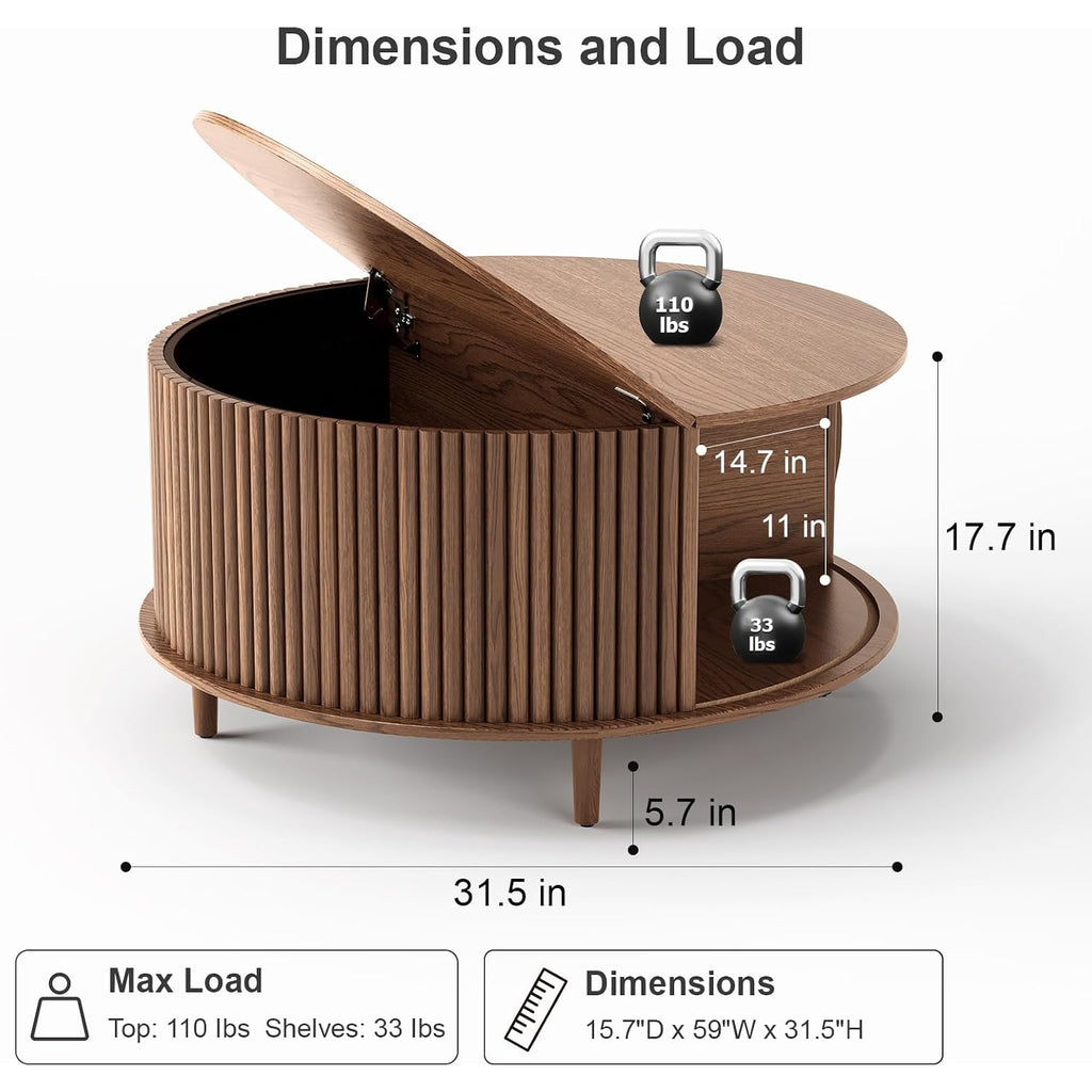 Joinice 31.5" Round Coffee Table With Storage For Living Room, Walnut | Hidden Storage,Fluted Sliding Door,Mid Century Furniture For Small Apartments,Solid Wood Legs,Easy Assembly,Up To 110 Lbs
