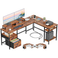 Furologee 66” L Shaped Desk With Power Outlet, Reversible Home Office Desk With File Drawer, 2 Monitor Stands, Storage Shelves, Corner Computer Table For Gaming, Writing, Rustic Brown