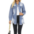 Scofeel Women Denim Shirt Jacket Long Sleeve Button Shacket Coat Distressed Washed Ripped Frayed Hem Jean Jacket