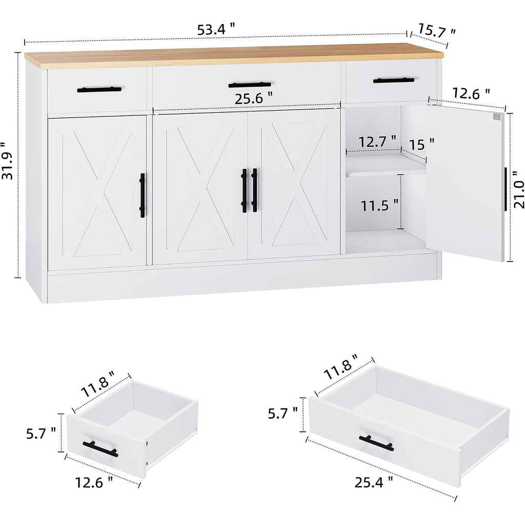 Shintenchi Buffet Cabinet With Storage,53.4" Large Kitchen Storage Cabinet With 3 Drawers And 4 Doors,Wood Farmhouse Buffet Sideboard With Adjustable Shelf For Kitchen Living Room, White