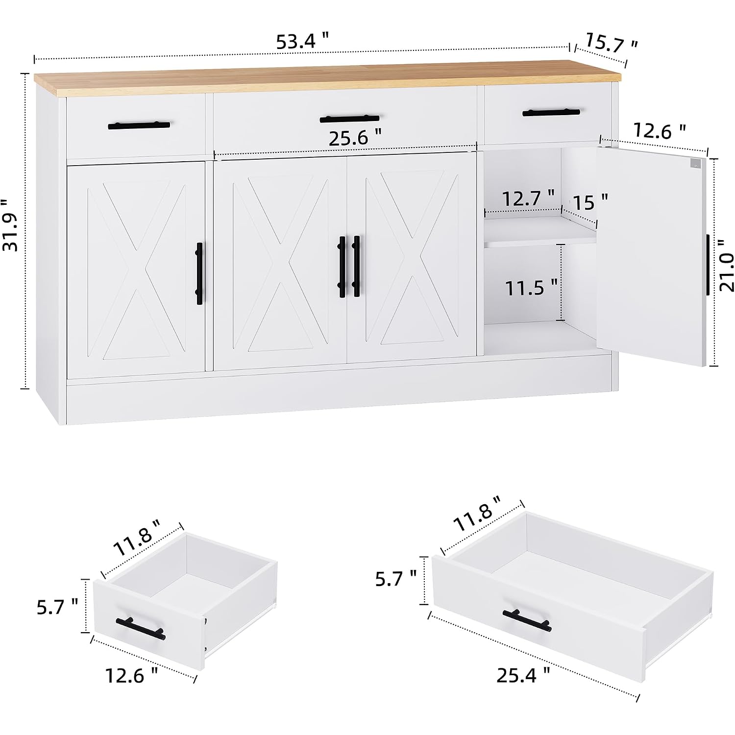 Shintenchi Buffet Cabinet With Storage,53.4" Large Kitchen Storage Cabinet With 3 Drawers And 4 Doors,Wood Farmhouse Buffet Sideboard With Adjustable Shelf For Kitchen Living Room, White