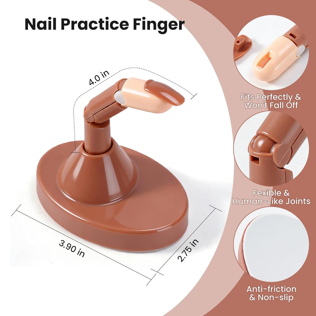 Practice Finger for Acrylic Nails, 3PCS Adjustable Nail Practice Hand Finger with Base Stand and 100PCS Brown Nail Tips, Practice Hand for Home Salon DIY Beginner(Brown)