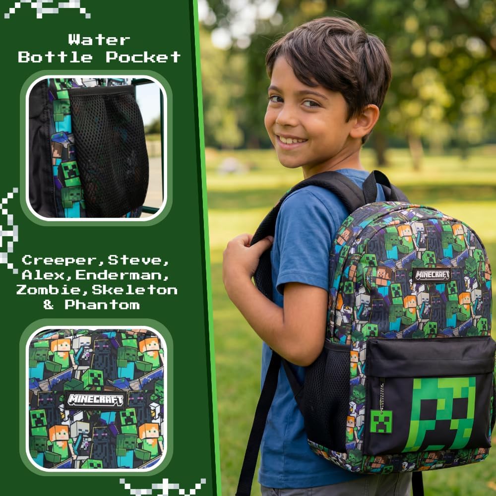 Minecraft Steve & Creeper Multicolour Backpack | Graphic Print Zip-Up Bag For Back To School | Kids Carrying Books | Unisex Kids Merch