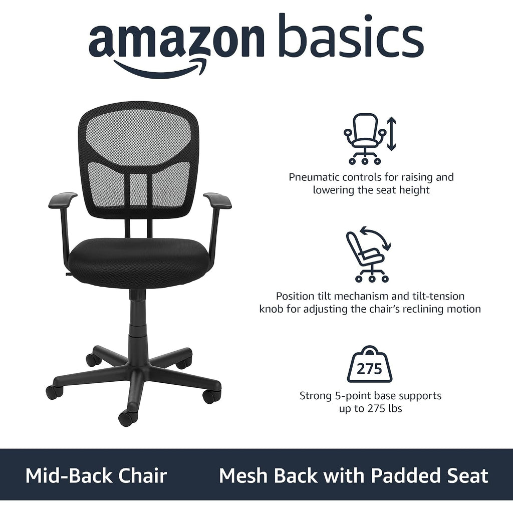 Amazon Basics Breathable Mesh Mid-Back Office Desk Chair With Armrests, Lumbar Support, 360-Degree Swivel, Adjustable-Height, Black