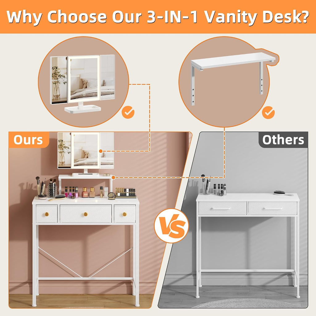 Small Makeup Vanity Desk 27.5''W With Mirror And Lights, White | 3 Drawers, Usb Lighted Mirror, Height-Adjustable Stand, Fabric Drawers, Girls/Kids Gifts, Bedroom, Small Space, Dorm