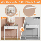 Small Makeup Vanity Desk 27.5''W With Mirror And Lights, White | 3 Drawers, Usb Lighted Mirror, Height-Adjustable Stand, Fabric Drawers, Girls/Kids Gifts, Bedroom, Small Space, Dorm