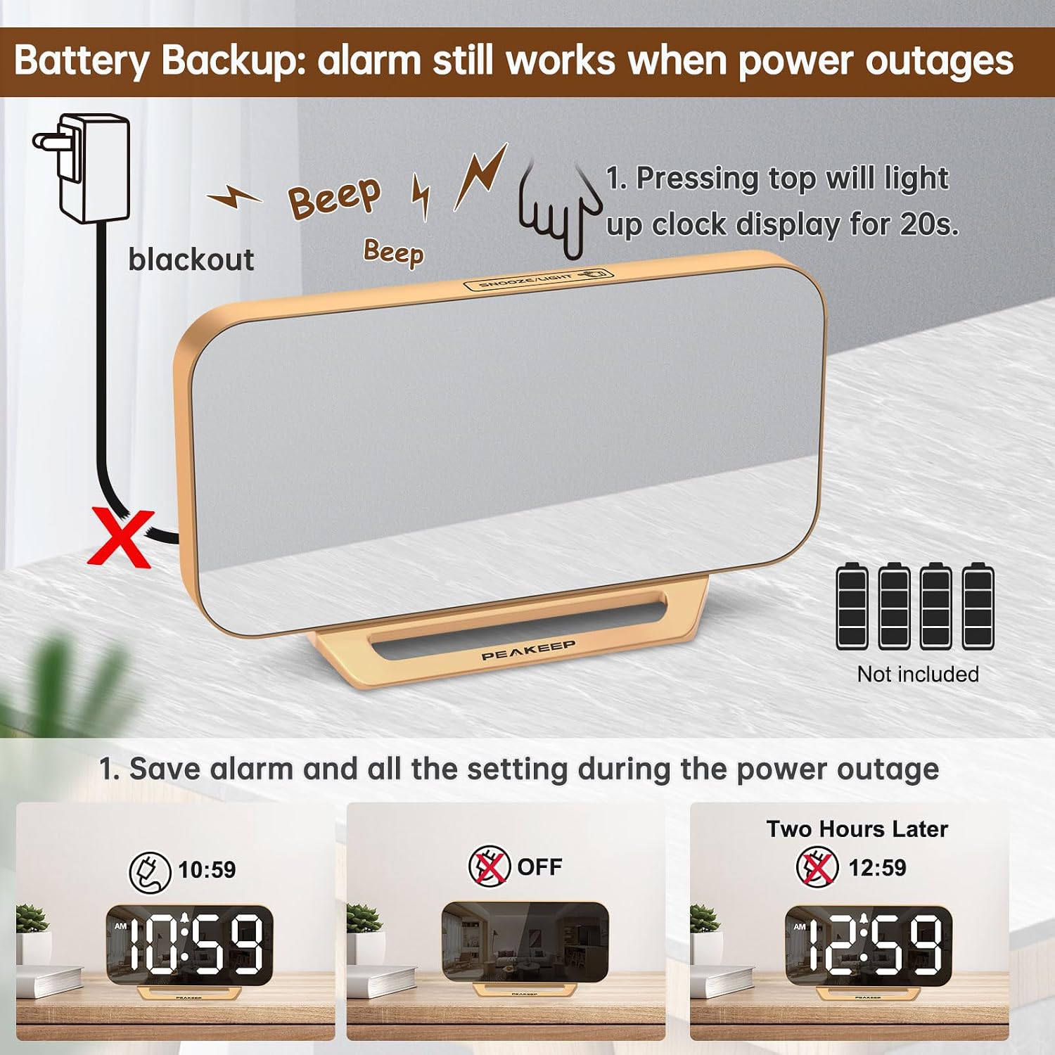 Peakeep Slim Digital Mirror Aesthetic Alarm Clock For Bedrooms Desk Decor | Plug In Electric Big Led Modern Small Clock For Office Living Room, Battery Backup, 6 Dimmers (Gold)