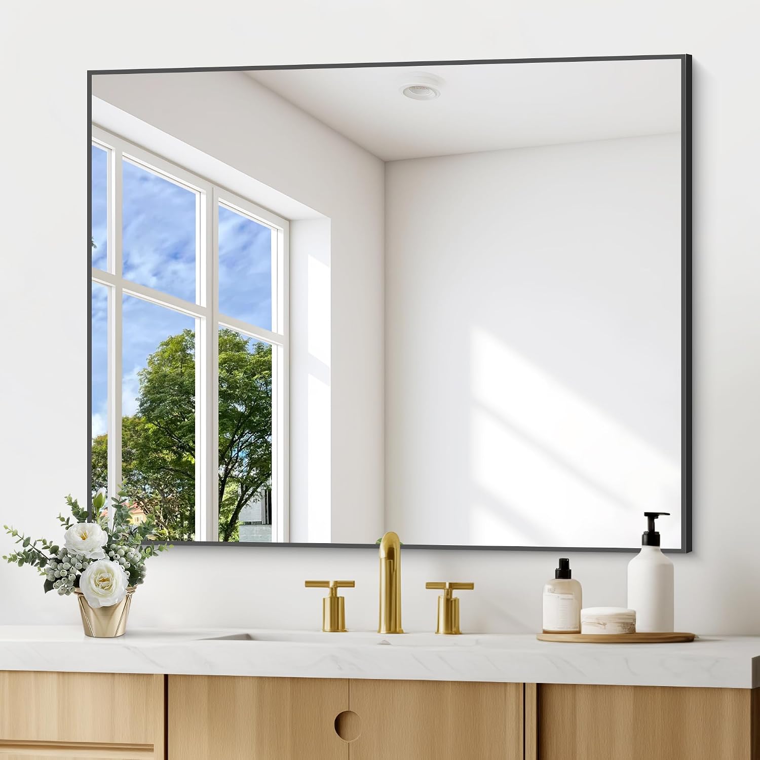 Black Bathroom Mirror For Wall, 30X36 Inch Rectangle Mirrors With Metal Frame, Modern Vanity Wall Mirror Decor For Entryway Hangs, Bathroom Living Room Horizontal Or Vertical