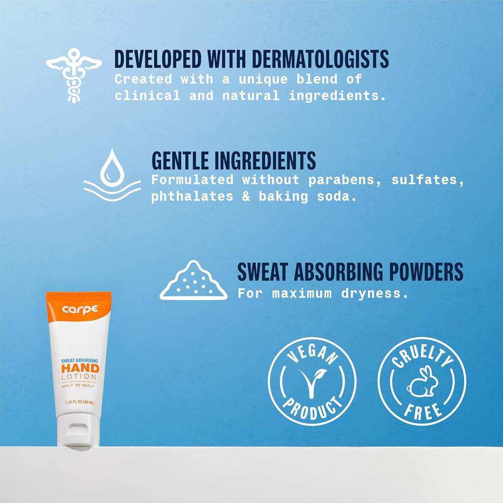 Carpe Sweat Absorbing Hand Lotion, A dermatologist-recommended smooth lotion that helps stop hand sweat, Great for hyperhidrosis (Original Eucalyptus)