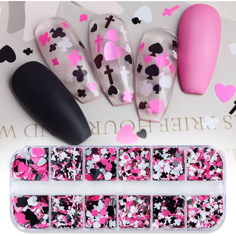 2 Box Pink Nail Art Glitter Valentine's Day Nail Sequins Flakes with Heart Star Design Manicure Fine Glitter Flower Nail Stickers Decals Supplies Nail Charms for Women DIY Nail Art Decorations