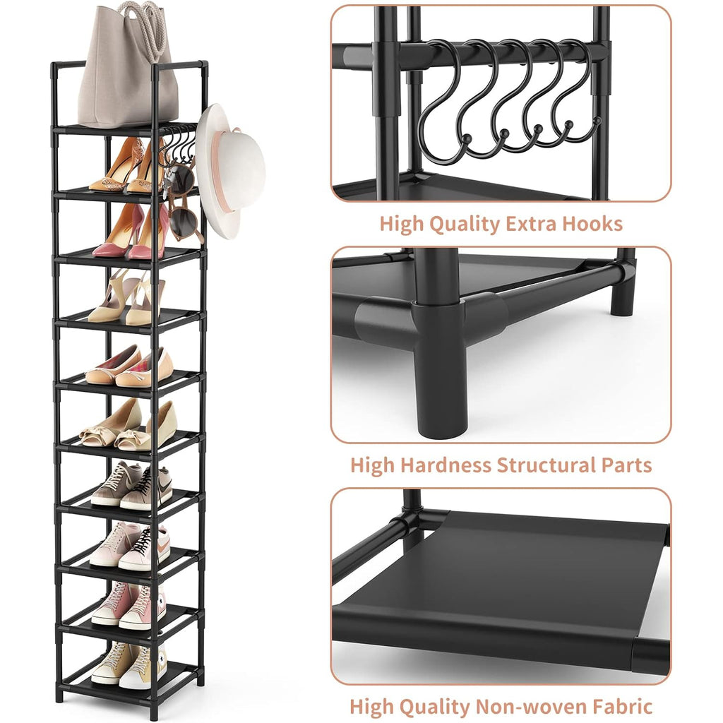 Tall Narrow Shoe Rack For Entryway, 10-Tier Sturdy Metal Shoe Shelf Storage 10-15 Pairs Of Shoes And Boots, Space Saving Corner Shoe Rack Organizer For Closet,Doorway,Garage,Living Room