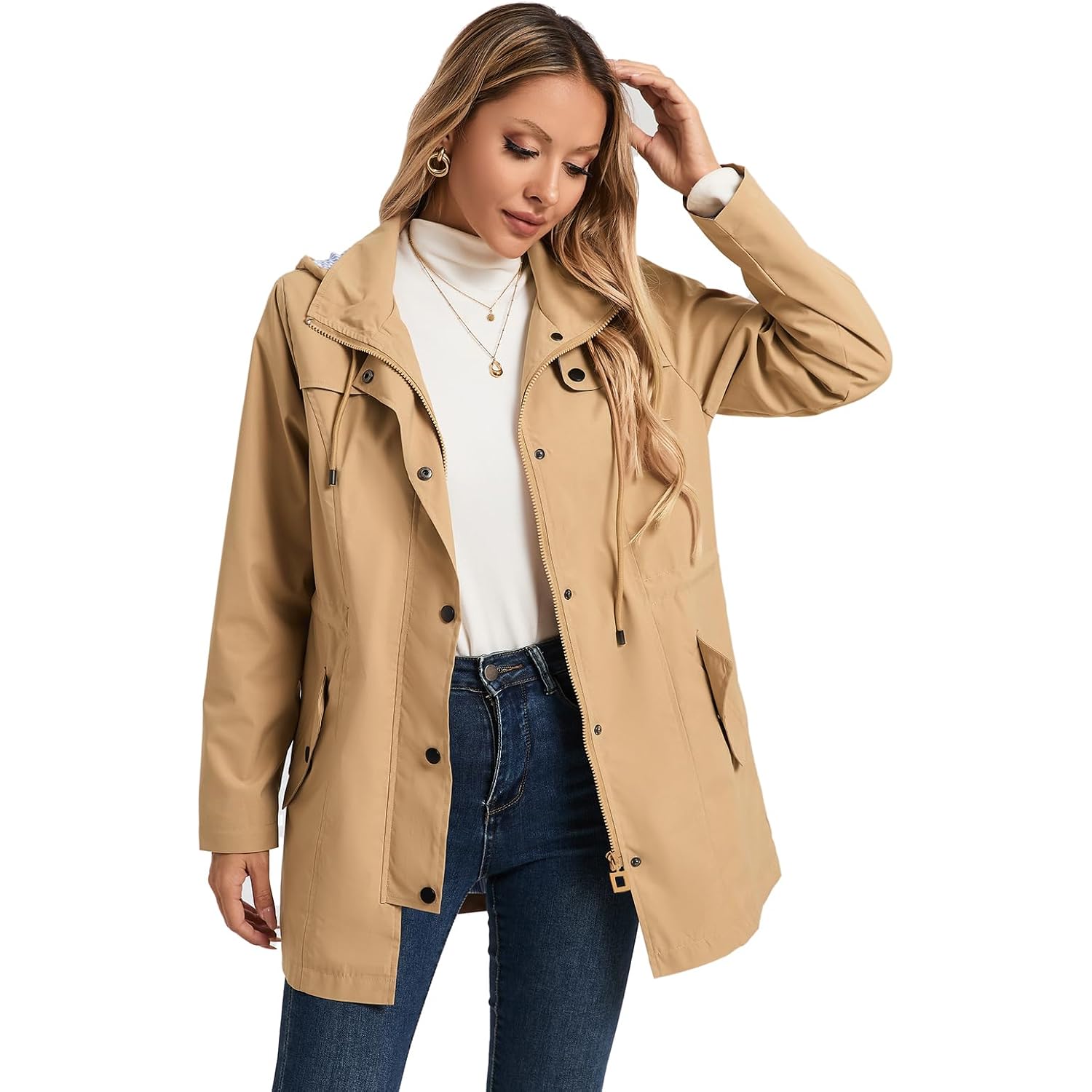 Saphirose Women'S Rain Jacket Waterproof Rain Coat With Hood Outdoor | Long, Windbreaker, Raincoat, Lightweight, Drawstring Waist, Snap Pockets, Camping, Travel, Daily Wear, Walking Dog