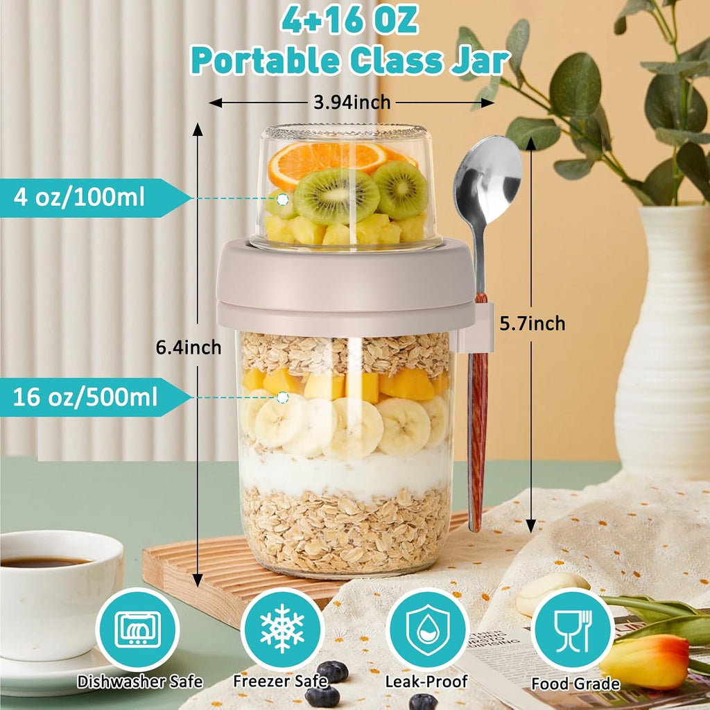 4 Pack Overnight Oats Containers With Lids And Spoons, 20 Oz (16+4) Overnight Oats Jars, Glass Mason Jars With Dry And Wet Separation For Oatmeal Salad Yogurt, Dual-Layer Yogurt Containers With Lids