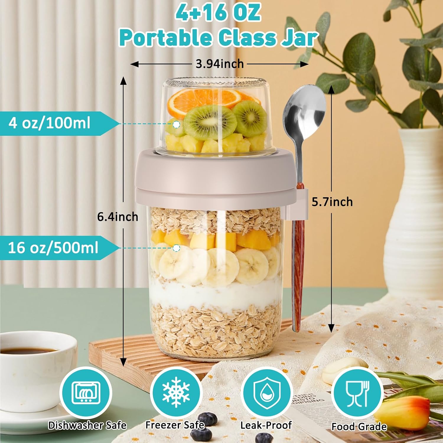 4 Pack Overnight Oats Containers With Lids And Spoons, 20 Oz (16+4) Overnight Oats Jars, Glass Mason Jars With Dry And Wet Separation For Oatmeal Salad Yogurt, Dual-Layer Yogurt Containers With Lids