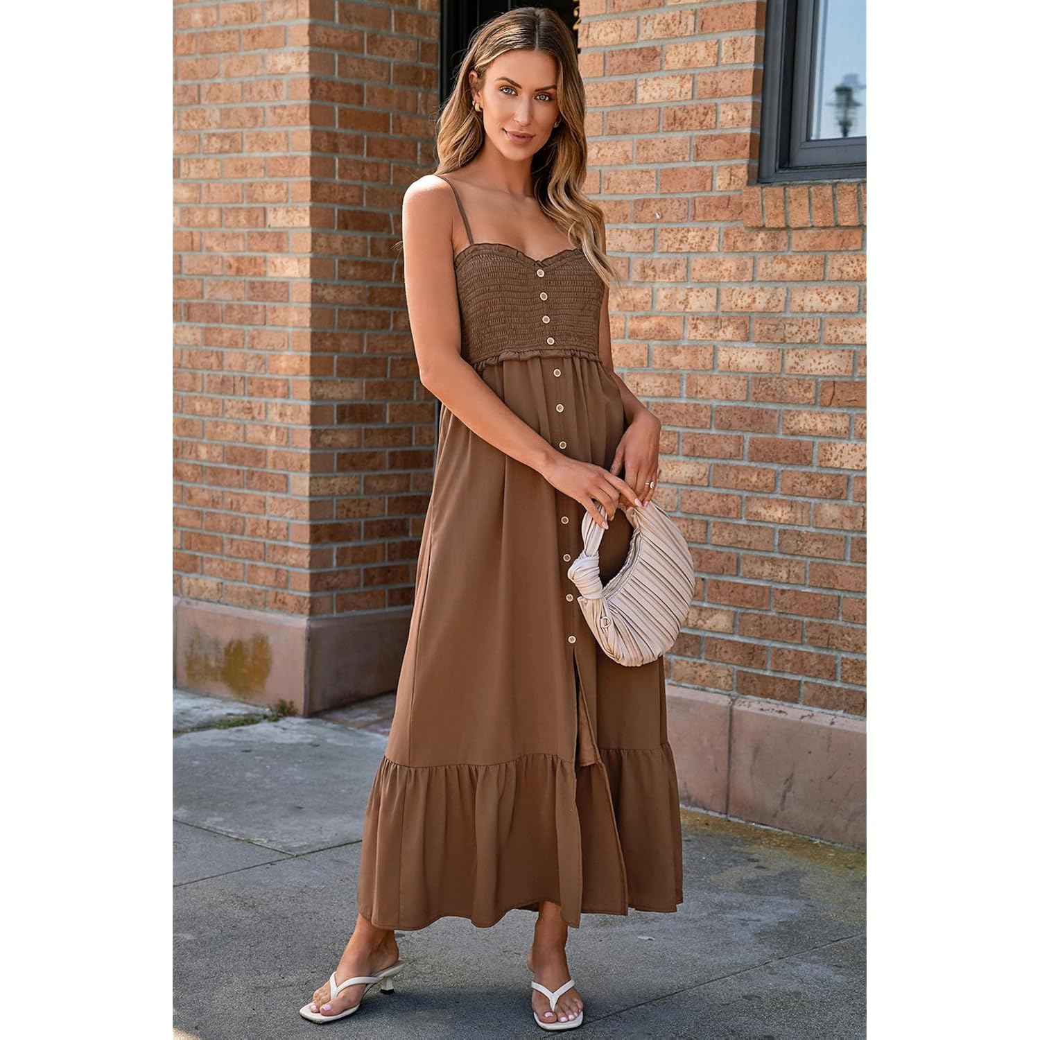 Dokotoo Womens Summer Dresses 2026 Sleeveless Spaghetti Strap Button Down Smocked Beach Vacation Long Maxi Dress With Pockets