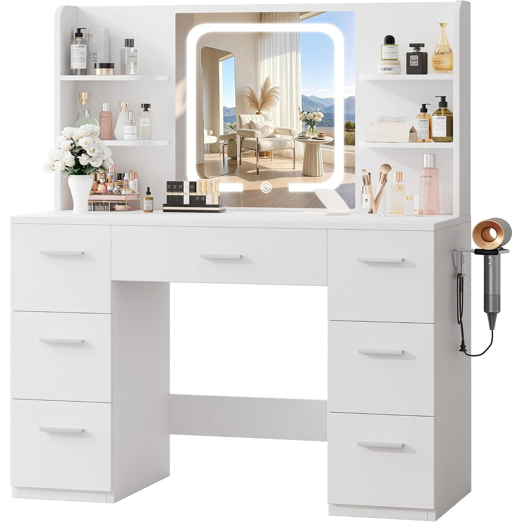 Livelyglow 43" Large White Makeup Vanity Desk With Charging Station | Smart Led Mirror, Hairdryer Holder, 7 Drawers, 4 Shelves