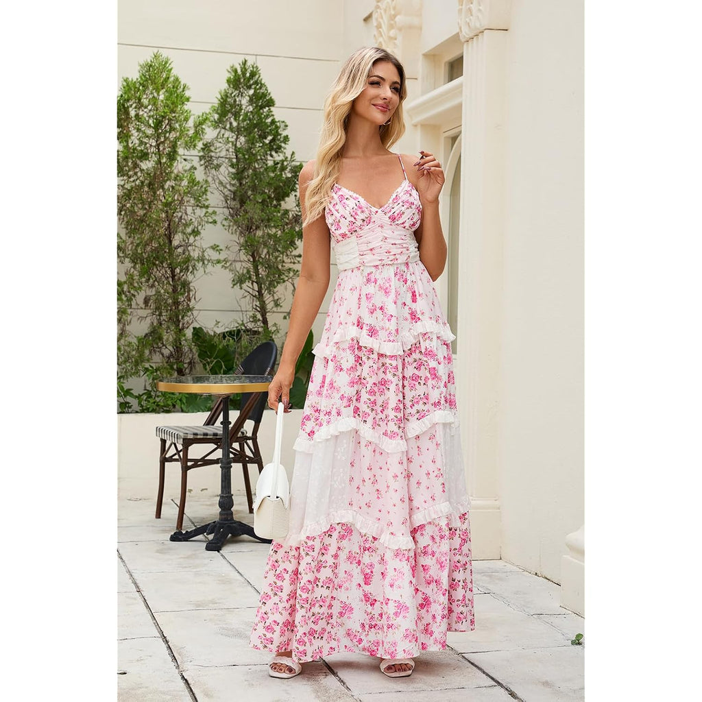 Abyovrt Women Floral Maxi Dress Spaghetti Straps V Neck Patchwork Flowy Boho Sundress Tiered Long Dresses