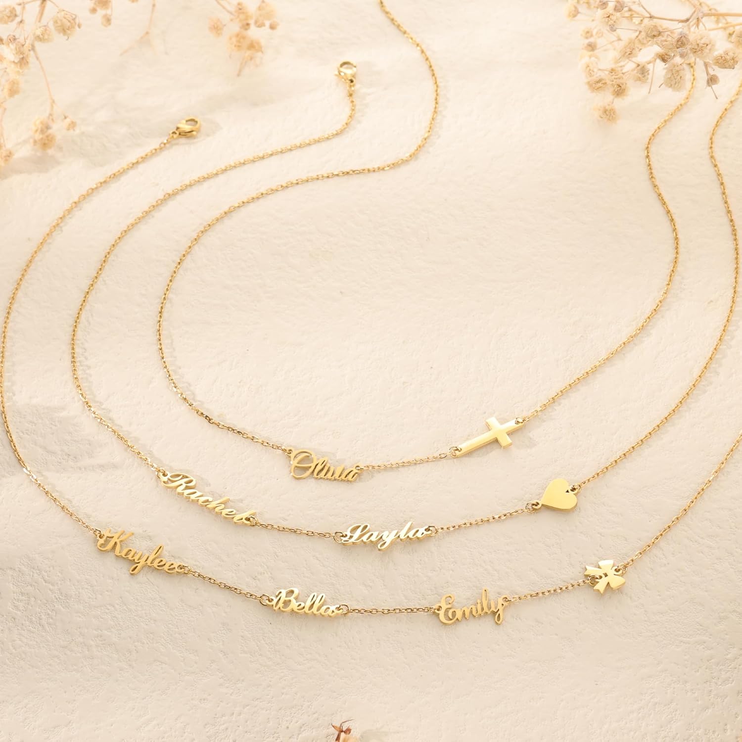 Elemtansy Mothers Day Custom Name Necklace with 1-3 Tiny Names - 18K Gold-Plated Family Necklace Personalized with Heart, Cross, Paw Print - Birthday Jewelry Gifts for Mom, Wife