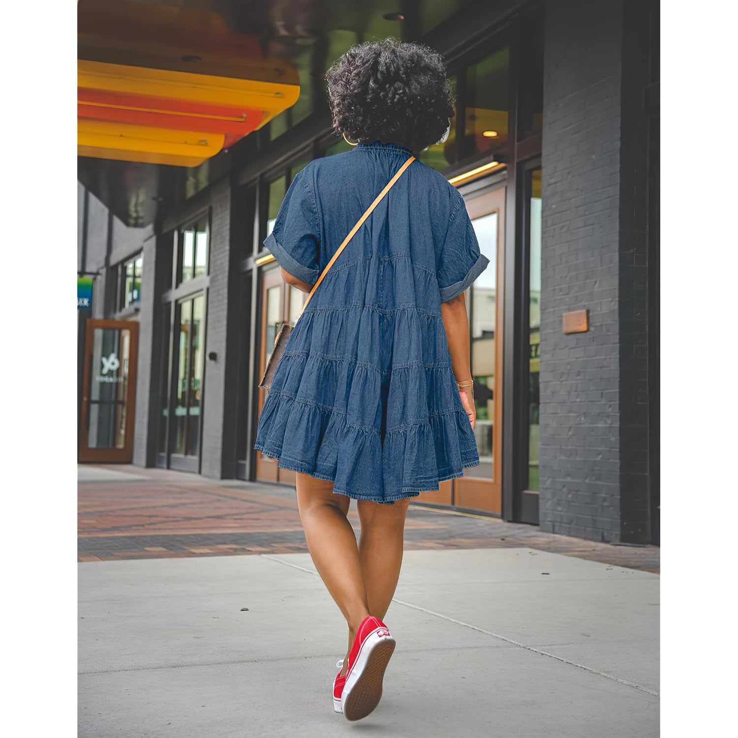 Womens Denim Babydoll Dresses Summer Outfits Button Down Ruffle Tiered Jean Dress