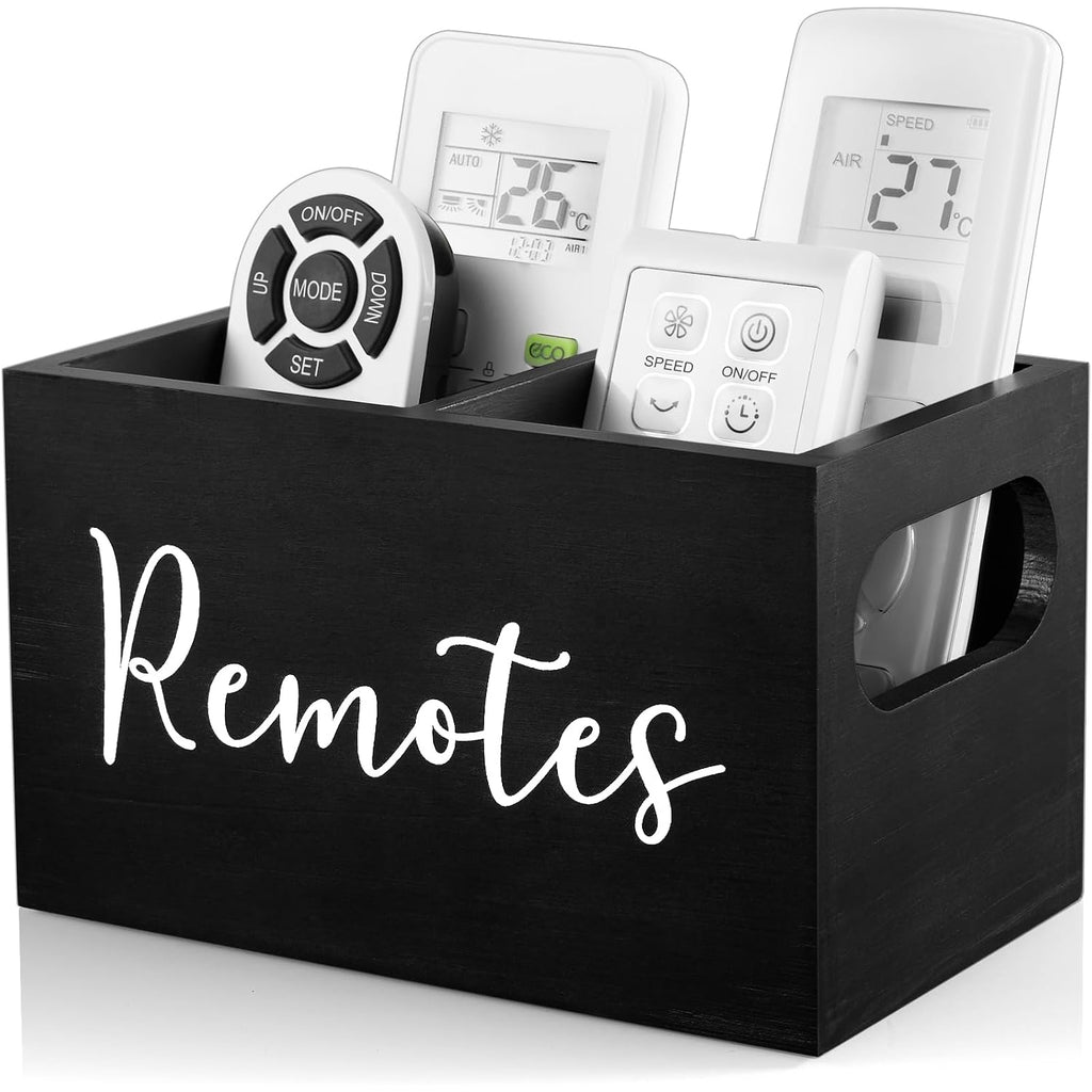 Drastar Remote Control Holder, Wood Tv Remote Holder, Remote Storage Caddy, Remote Control Organizer (Black, 2 Slots)
