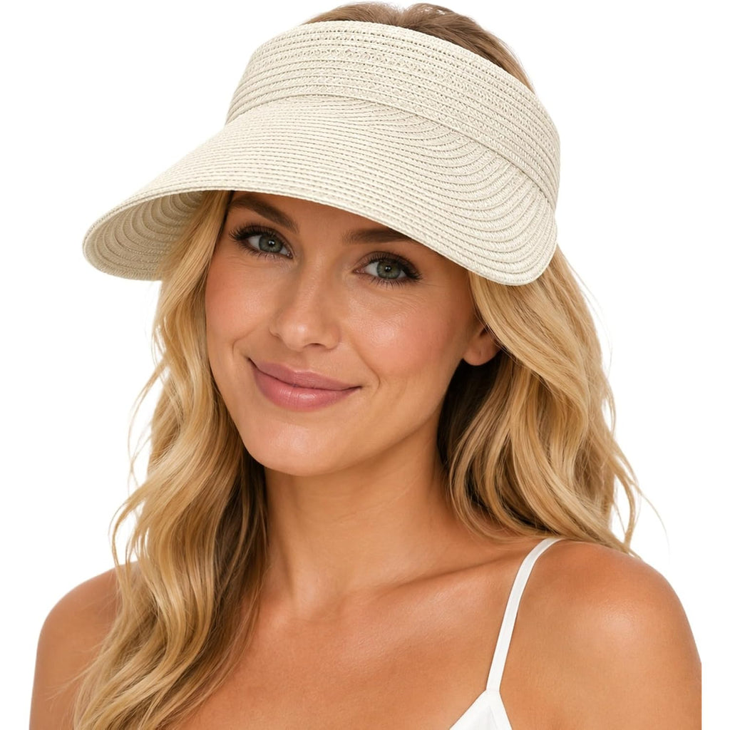 Sun Visor Hat for Women Summer Travel Vacation Foldable Wide Brim Straw Ponytail Beach Hat Outdoor UV Protection Cap Beige