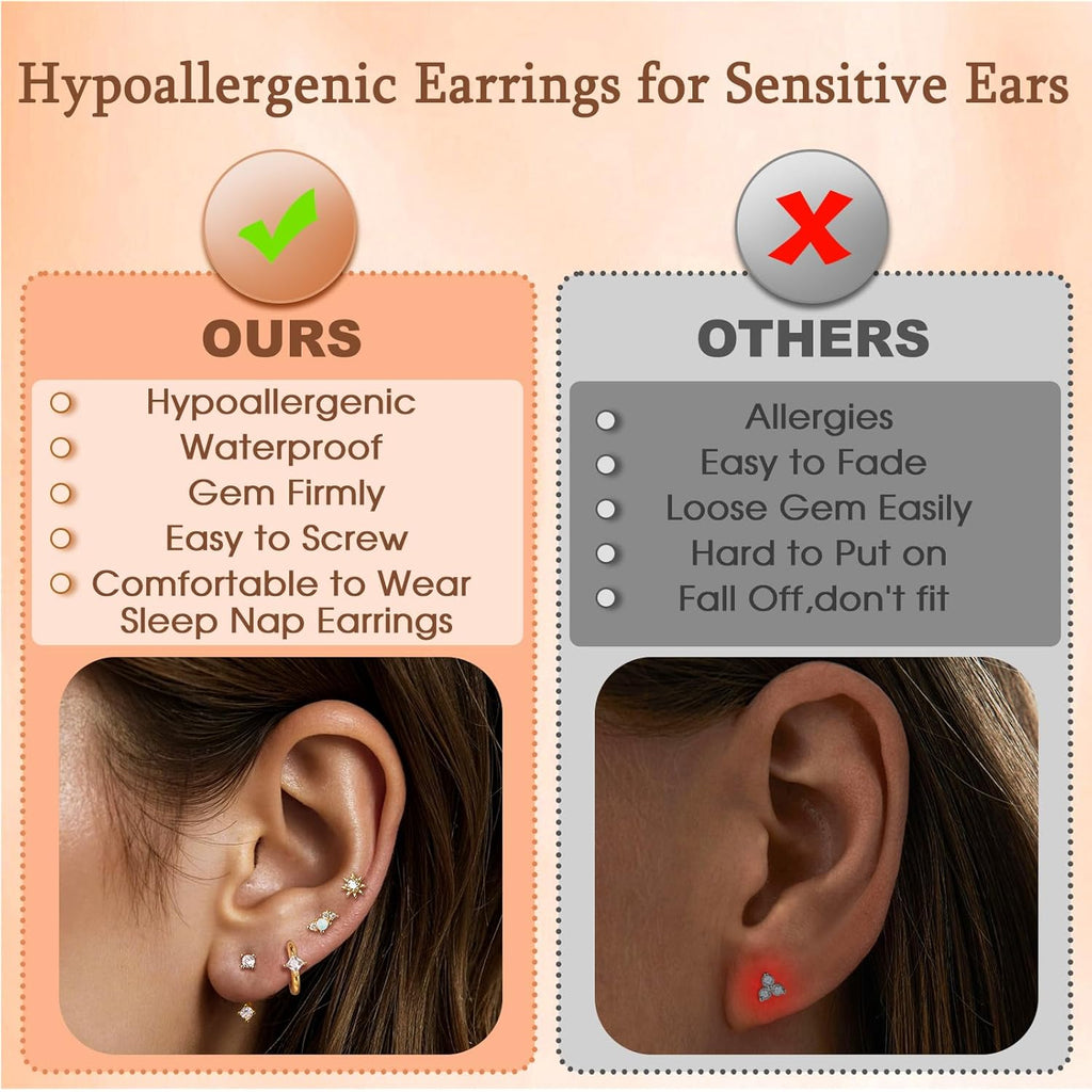 Gold Flat Back Earrings Stacks Hypoallergenic Cartilage Earrings for Women,20G Lobe Tragus Helix Conch Piercing Jewelry,Dainty 14K Gold Plated Stud Hoop Earring Set