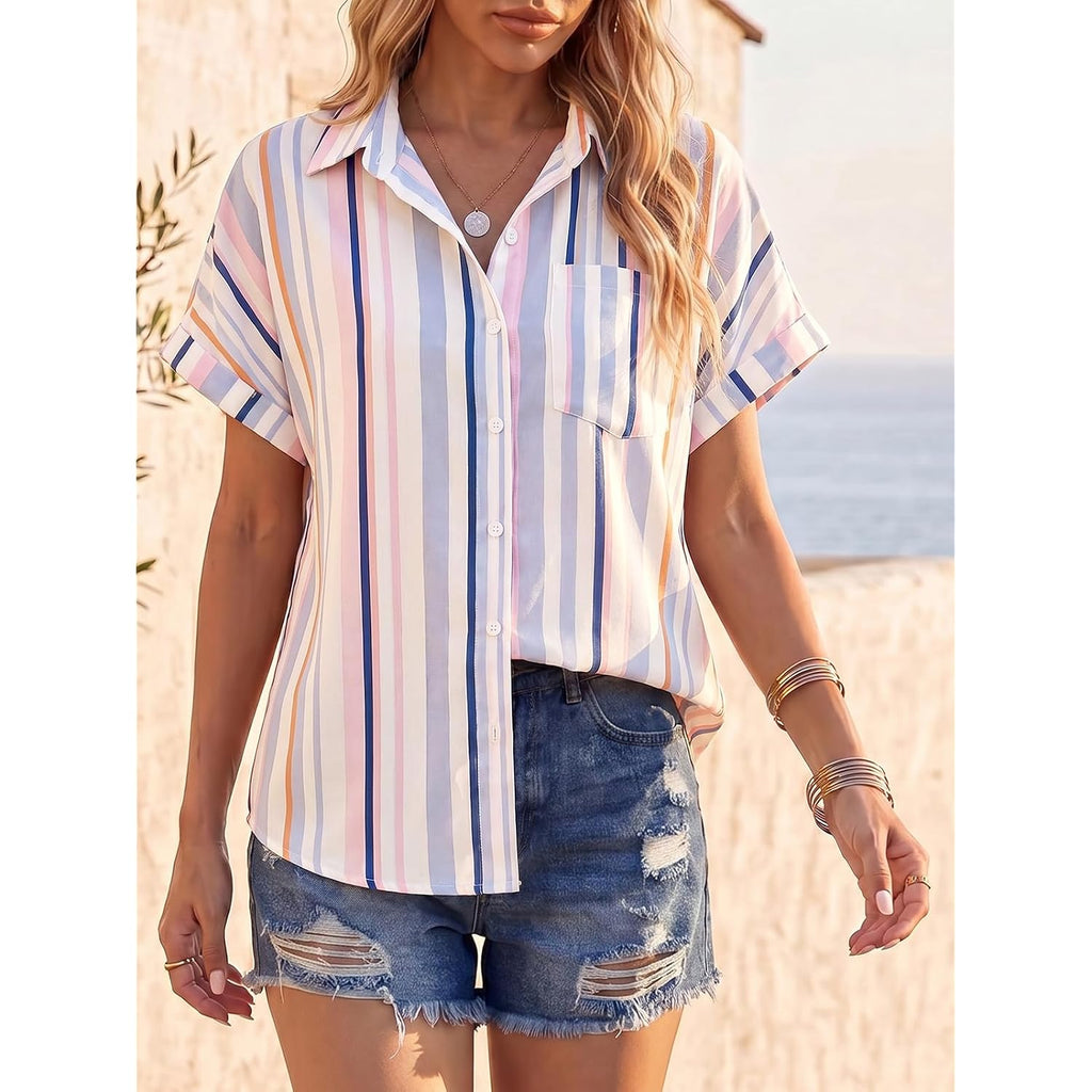 Tankaneo Womens Button Down Shirts Short Sleeve Blouses Summer Casual V Neck Collared Shirt Tops