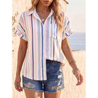 Tankaneo Womens Button Down Shirts Short Sleeve Blouses Summer Casual V Neck Collared Shirt Tops