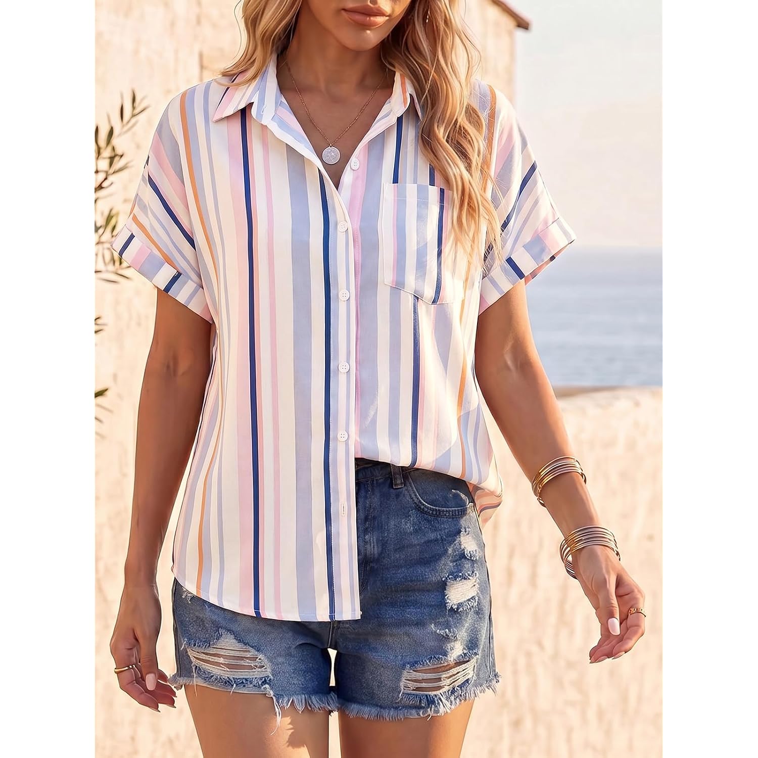 Tankaneo Womens Button Down Shirts Short Sleeve Blouses Summer Casual V Neck Collared Shirt Tops