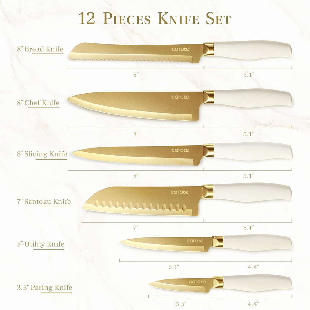 CAROTE 12PCS Kitchen Knife Set, Healthy Gold Titanium Coating Knife Set, Dishwasher Safe with 6 Blade Guards, Rustproof Stainless Steel Cutlery Set, White and Gold