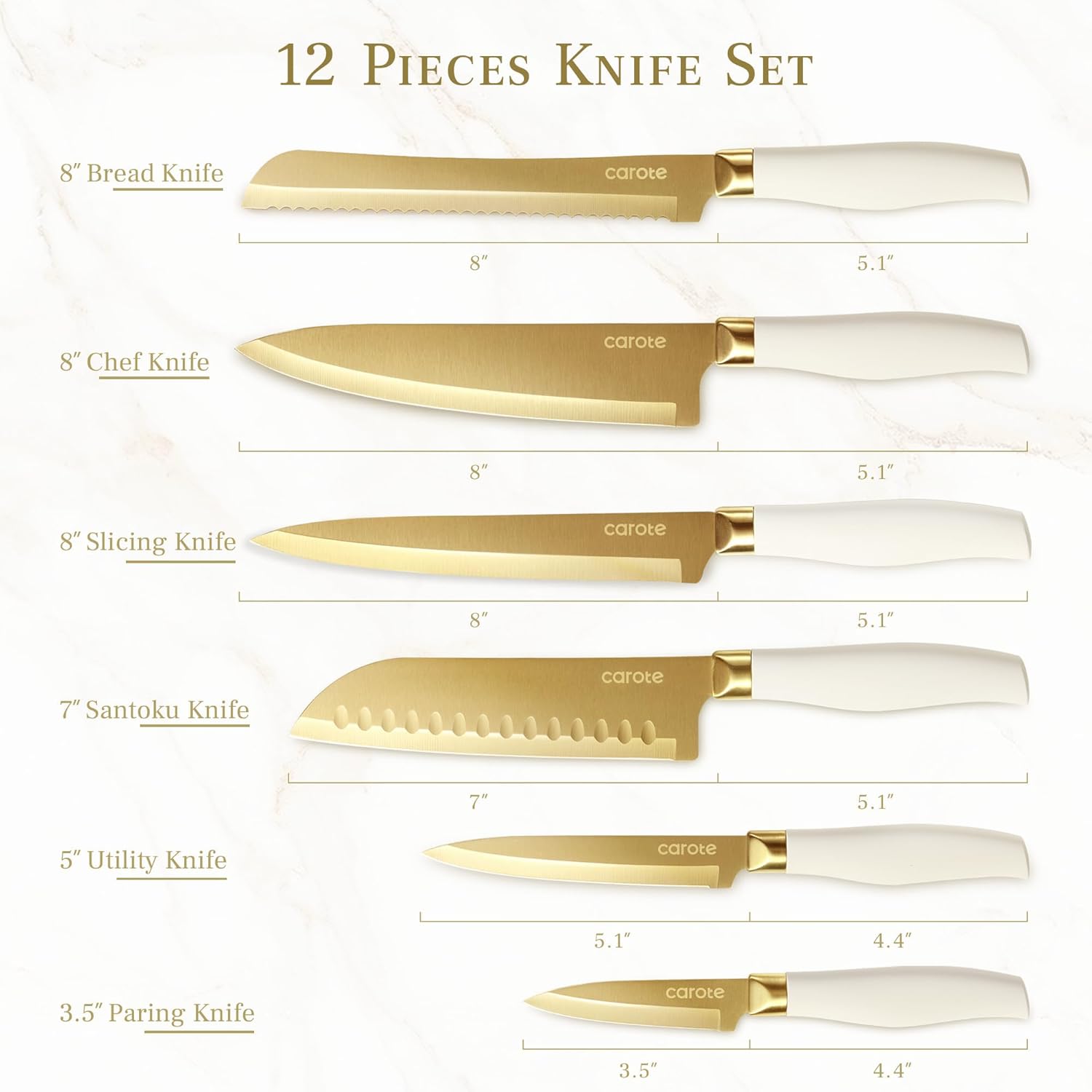 CAROTE 12PCS Kitchen Knife Set, Healthy Gold Titanium Coating Knife Set, Dishwasher Safe with 6 Blade Guards, Rustproof Stainless Steel Cutlery Set, White and Gold
