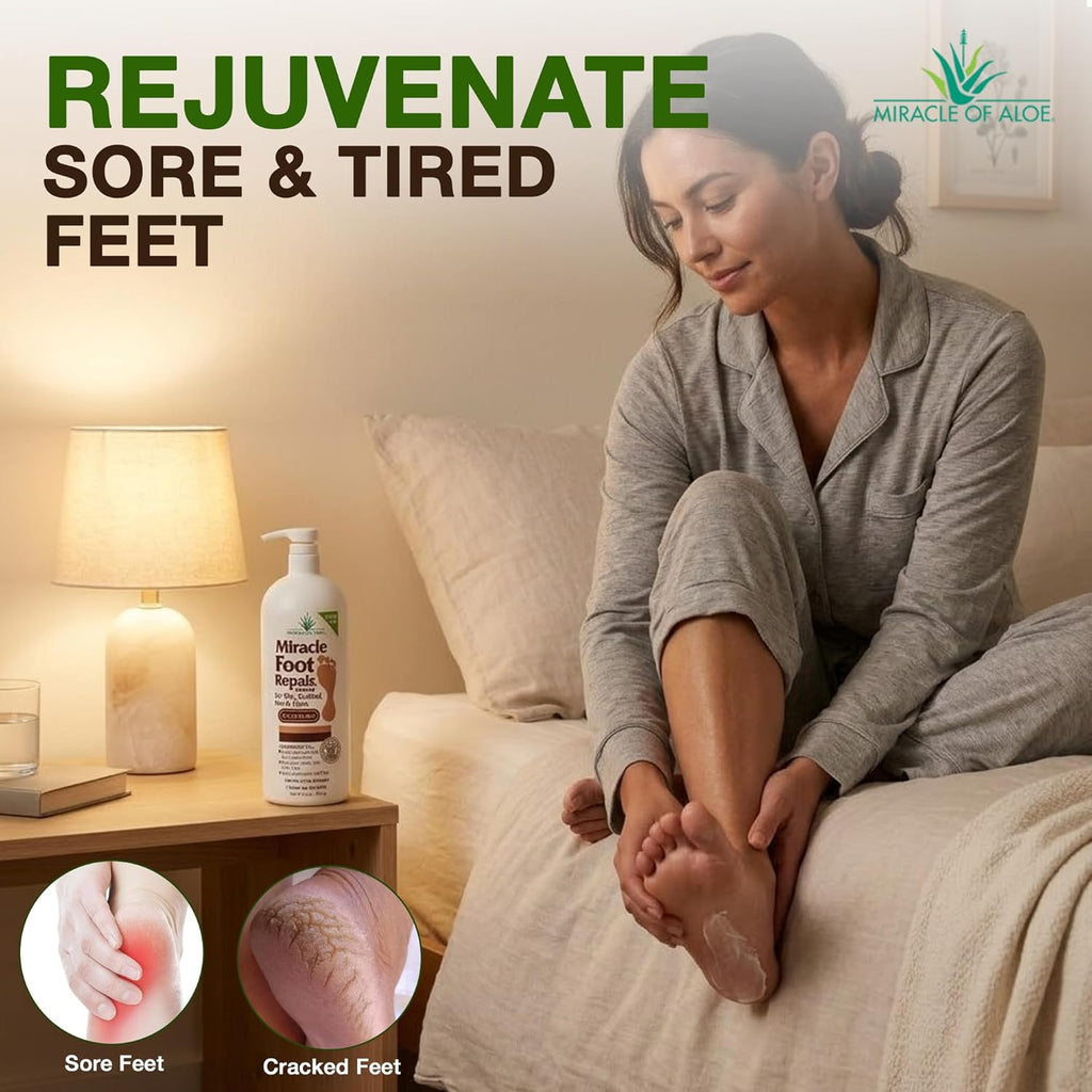 Miracle of Aloe Foot Repair Cream, 32 oz, 60% Pure UltraAloe, Non-Greasy Moisturizer for Dry, Cracked Feet and Callused Skin, Fast-Absorbing Deep Hydration, Diabetic Safe, Peppermint Scent