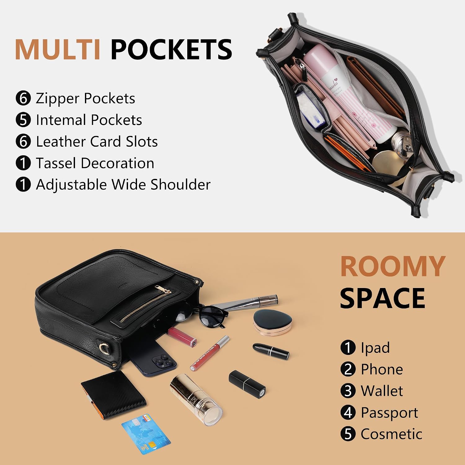 Tantomi Crossbody Bags For Women Crossbody Purses Vegan Leather Hobo Bag Shoulder Handbags With Guitar Strap-7 Pockets