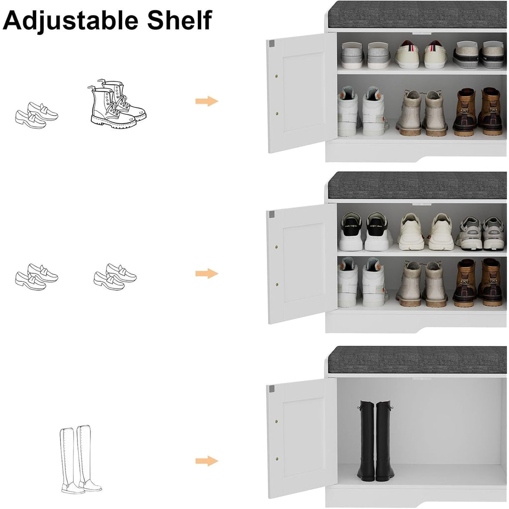 Homleke 2-Tier Storage Bench, Shoe Bench with Thickened Padded Seat Cushion, Entryway Bench with 4 Doors, Adjustable Shelf, 13.8" D x 45.3" W x 18.5" H, for Entryway, Living Room, Bedroom, White